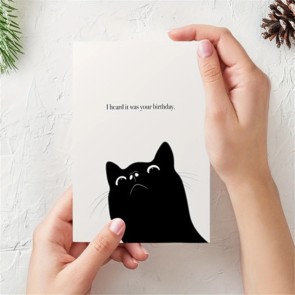 1pc,I heard it was your birthday, Black Cat, Birthday, High Quality Greetings Card, Minimal,with Envelope