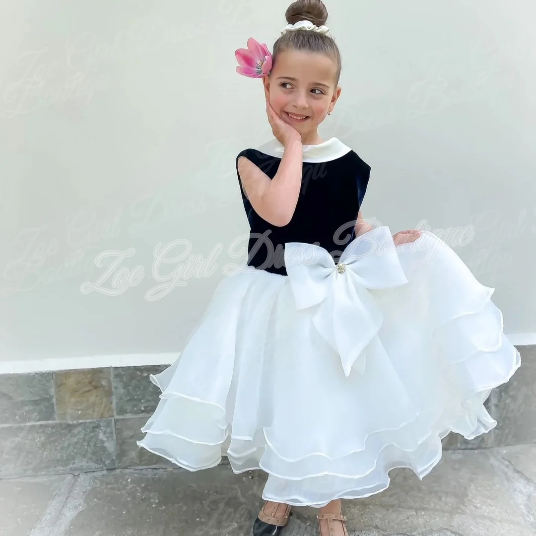 Elegant Sleeveless Collar Flower Girl Dress Bow Multi Ruffle Dress Kids Wedding First Communion Birthday Party Custom Gown