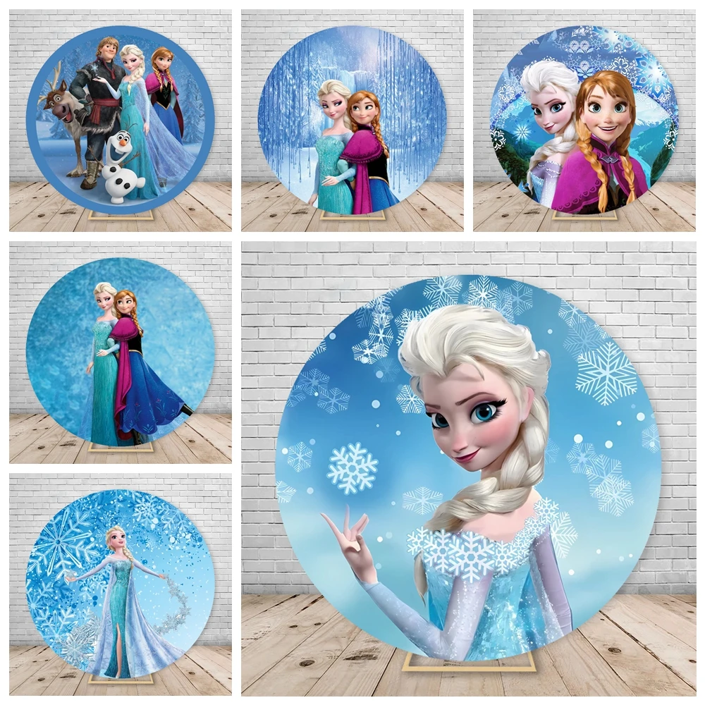 Frozen Anna Elsa Round Photography Backdrop Cover Girls Birthday Party Snowman Baby Shower Background Photo Booth Props