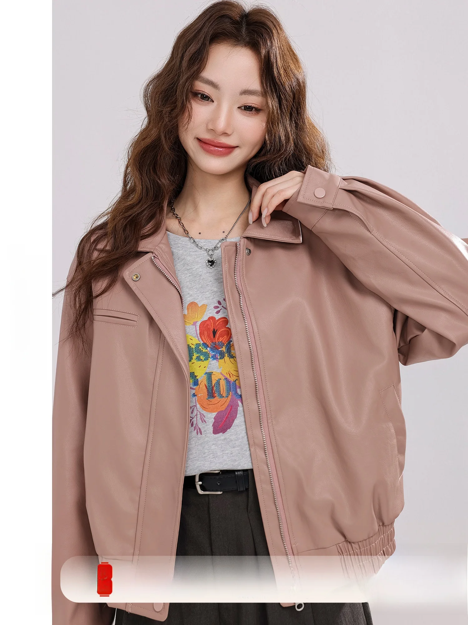 가을 신상 여성 루즈핏 폴로 칼라 가죽 재킷 레트로 아메리칸 다용도 탑 PU 가죽 긴팔 지퍼 코트