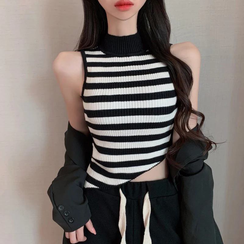 

Летний дизайн, вязаный жилет в нерегулярную полоску, женские топы без рукавов с накладкой на грудь