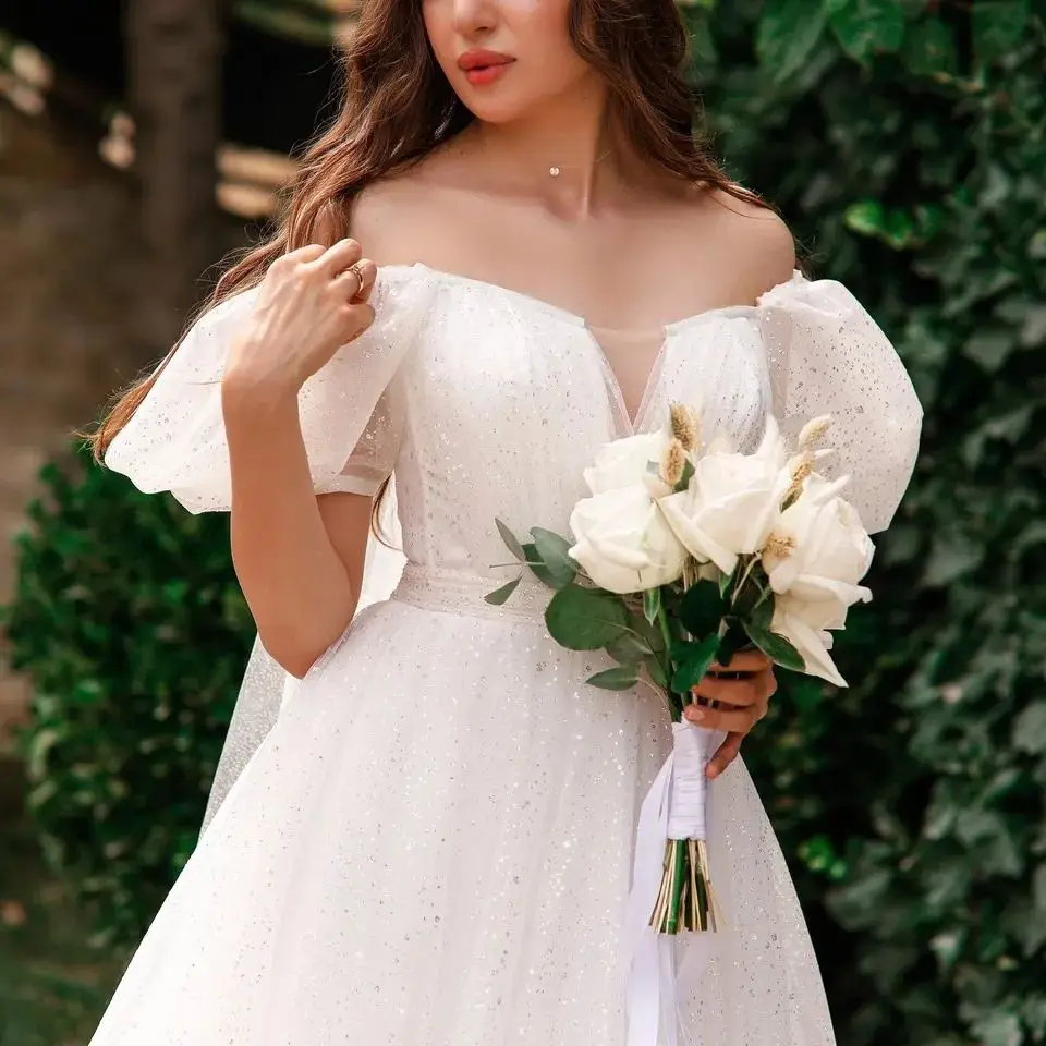 Melanie Luxury Two Pieces Shiny Glitter Wedding dress with Puffy Sleeves Detachable Skirt Sweetheart A Line Backless Bridal Gown