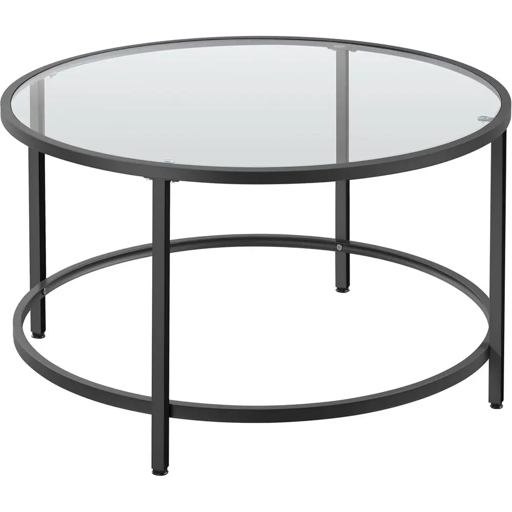 27.6 Round Glass Coffee Table, Compact Living Room Center Table with Black Base