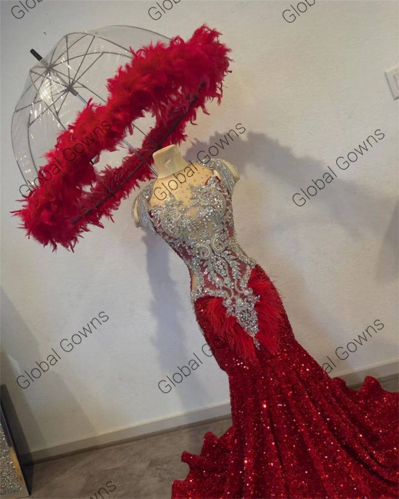 Red O Neck Long Prom Dresses For Black Girls Beaded Crystal Birthday Dress Gowns Sequined Feathers Homecoming Gloves Robe De