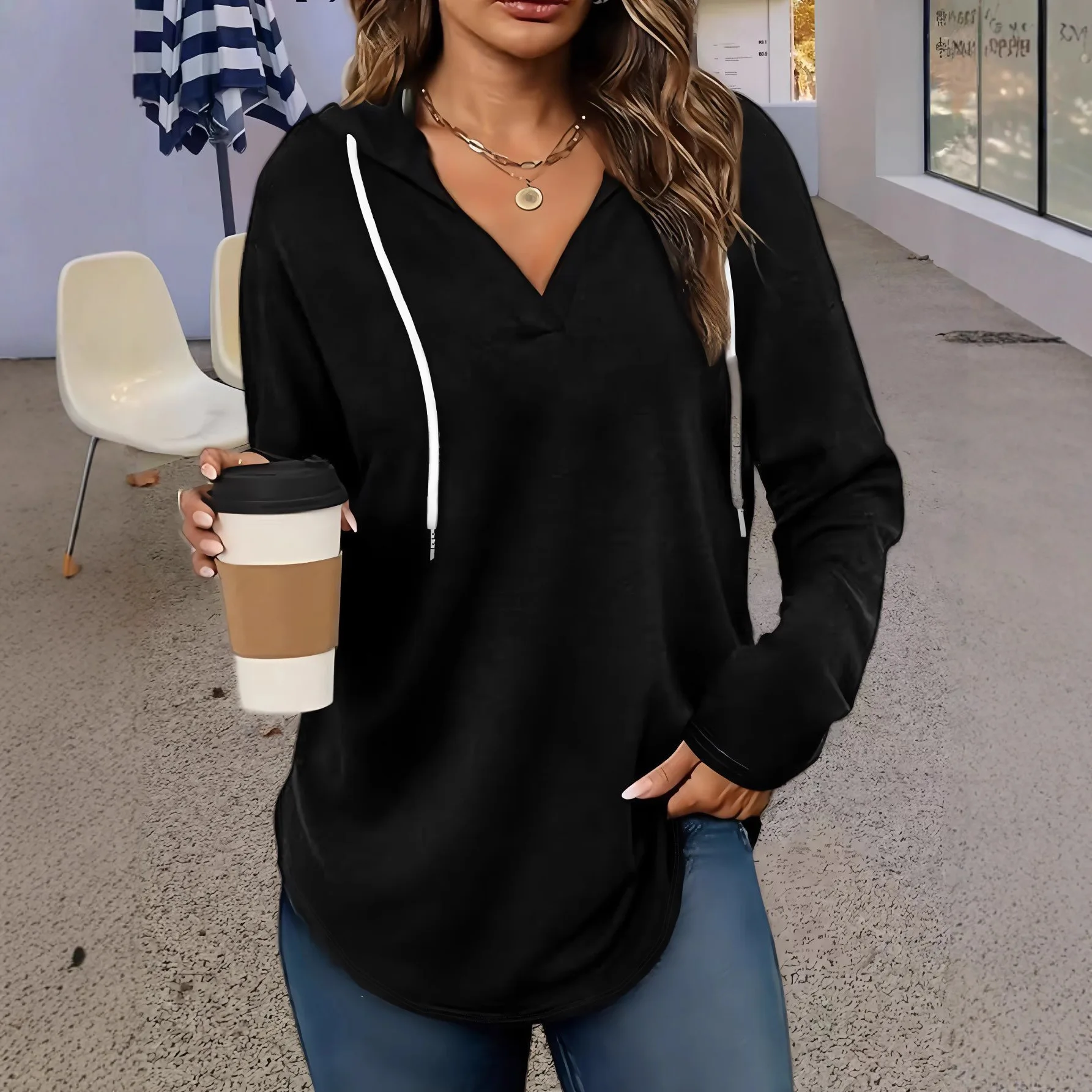 

New V-neck Hooded Solid Color Autumn And Winter Versatile Long-sleeved Sweatshirt Women's Long-sleeved Loose Pullover Sweatshirt