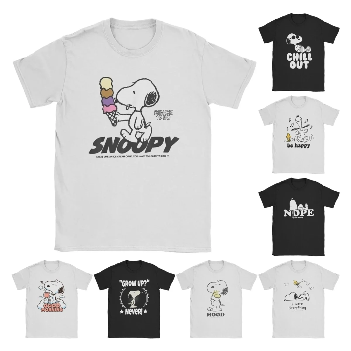 Peanuts Snoopy Ice Cream Cone T-Shirt Men Funny 100% Cotton Tee Shirt Round Collar Short Sleeve T Shirt Gift Idea merch