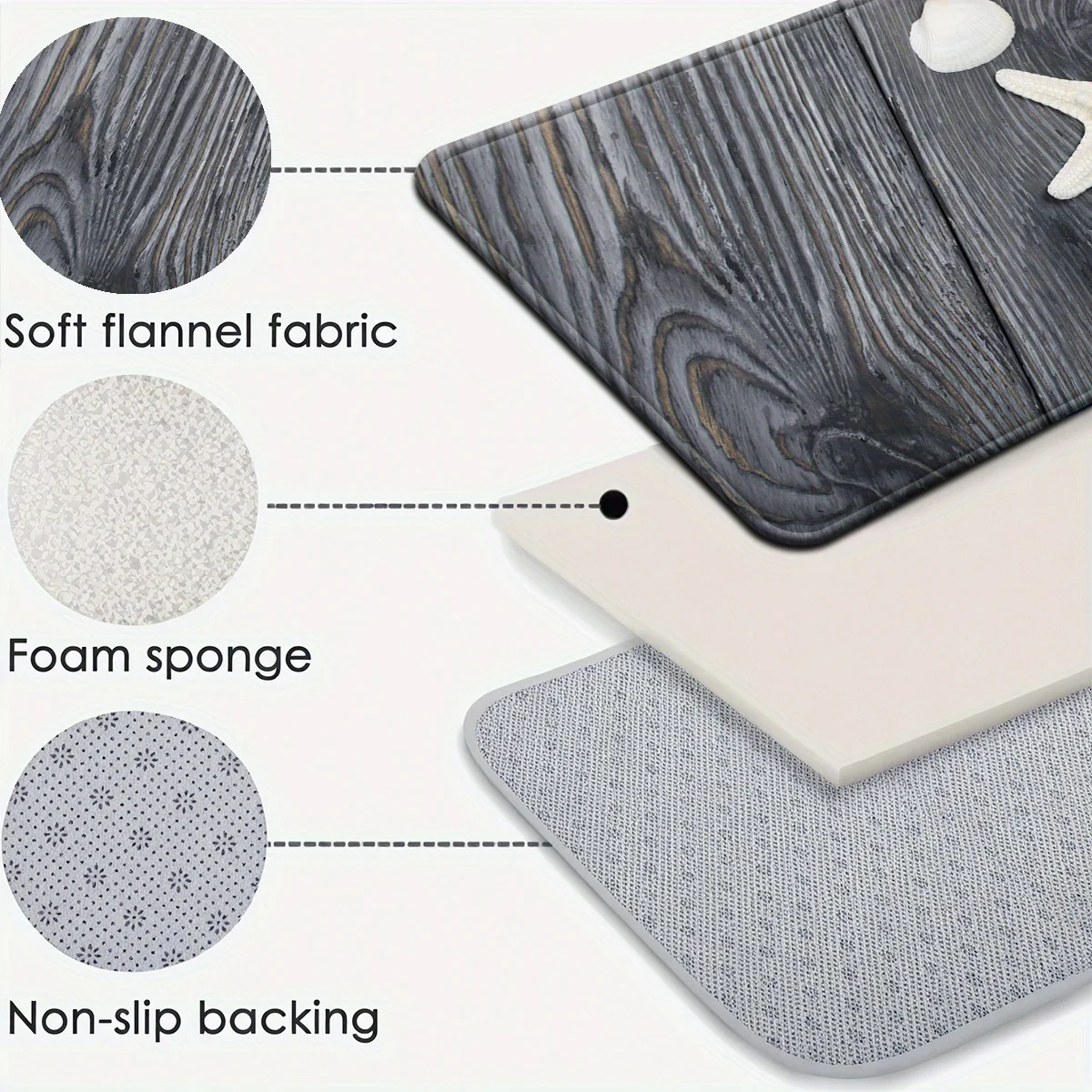3pcs Starfish Shell Bathroom Rug Set Non-Slip U-Shaped Mat and Toilet Lid Cover Gray Wood Grain Theme Washable Floor Mats