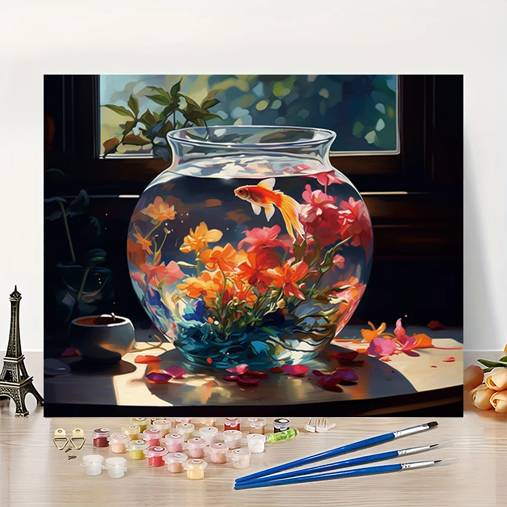 

1pc frameless 1pc a Goldfish Bowl Design for Beginners - Paint by Numbers Kit - Measures 16X20 Inches - Frameless - Includes Num