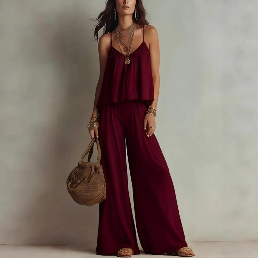 

Women Two-piece Suit Polyester Fiber Suit Summer 2 Piece Set for Women Spaghetti Strap Tank Top Wide Leg Pants Lounge Outfit