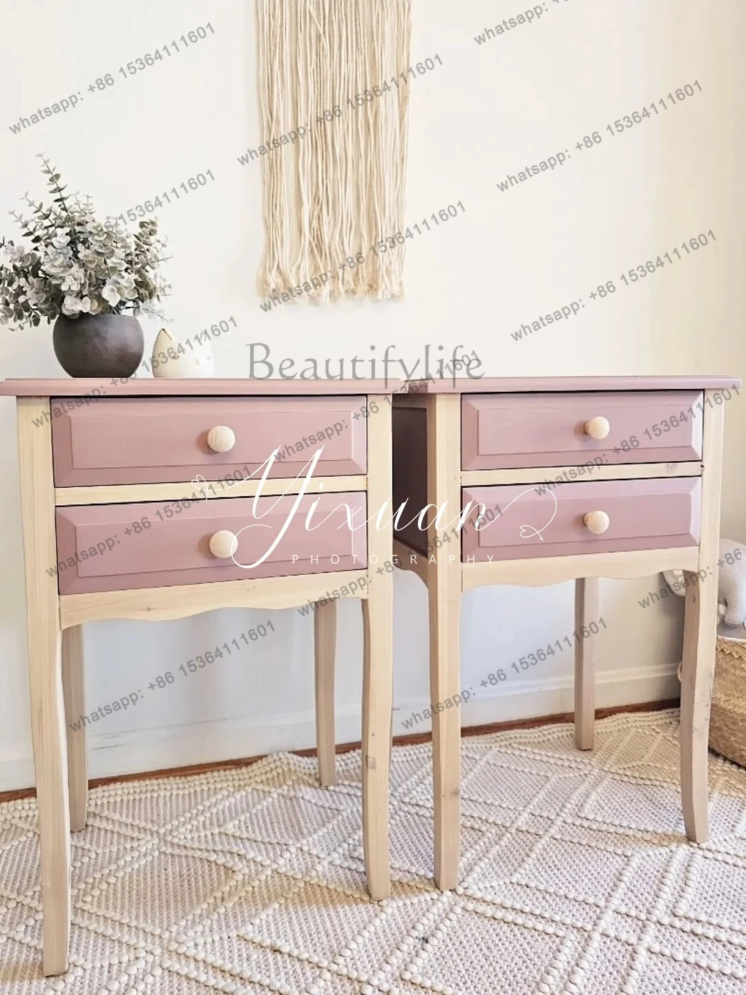 French simple solid wood pink bedside table art country bedroom bed and breakfast locker furniture can be customized