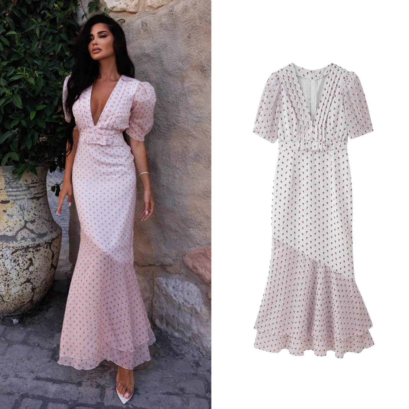 2025 New Fashion Dots Printed Patchwork V-neck Dresses Women Dress Slim Fit Casual Elegant Dress Spring Summer Dresses