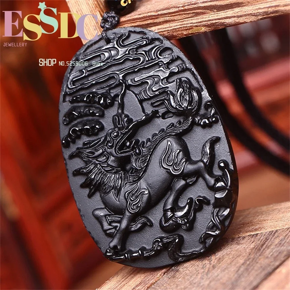 ESSDCW New Design Natural Black Obsidian Pendant High Quality Lucky Kylin  Women Men Free Beads Necklace Wholesale Gift