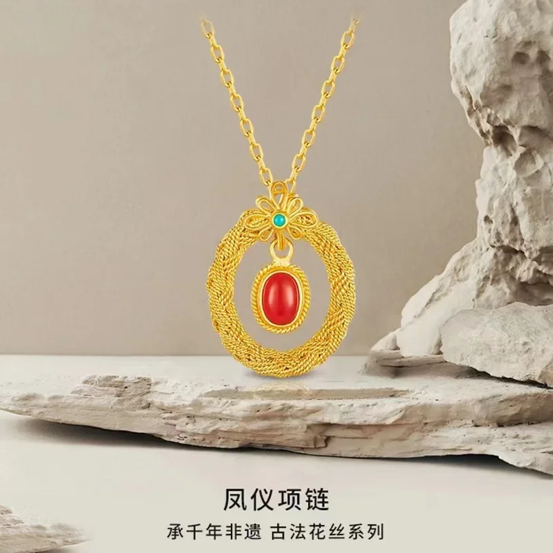 Collana Fengyi elegante da donna retrò con pendente Fengyi con filamento antico in oro giallo 24 carati in vero oro 9999