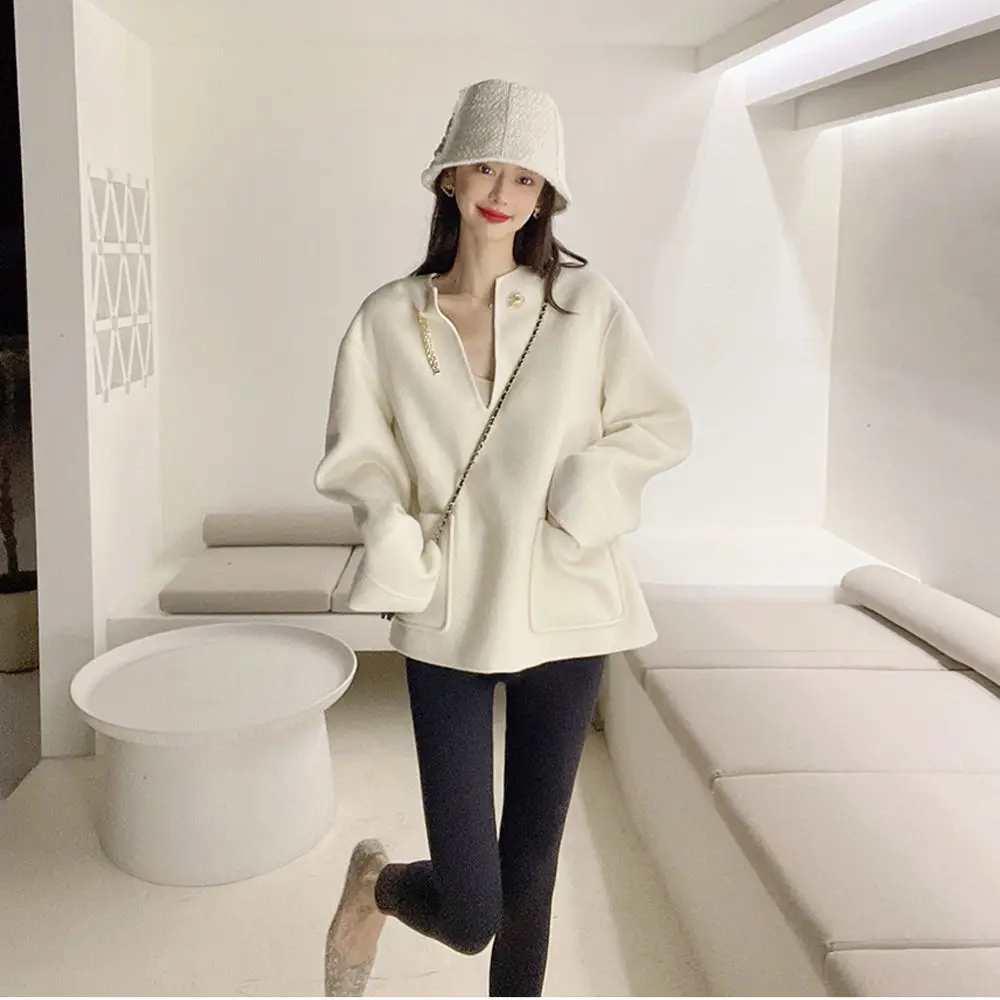 Women Hoody Korean Spring Autumn Fashion New Loose-fitting V-Neck Casual Full Solid Girls Hoody All-match