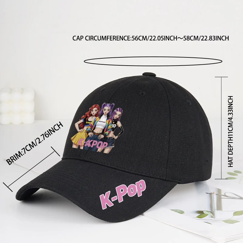 K-Pop Anime Girl Print Black Baseball Cap Adjustable Unisex Korean Music Fan Casual Hat