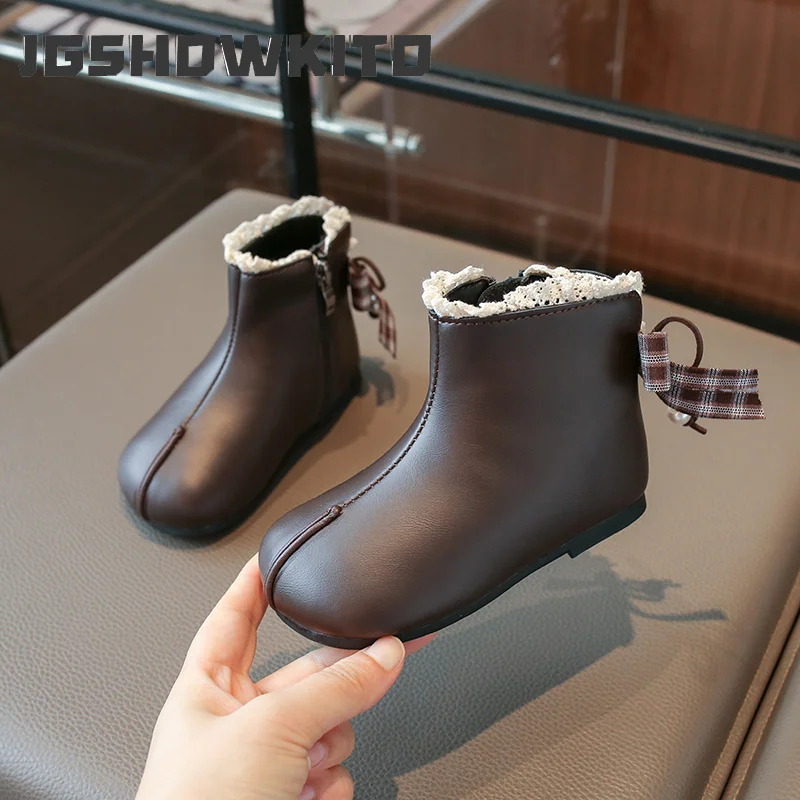 JGSHOWKITO Winter Kids Fashion Boots Warm Furry Hairy Girls Princess Ankle Boots with Bow Wedding Party Children's Plush Boots