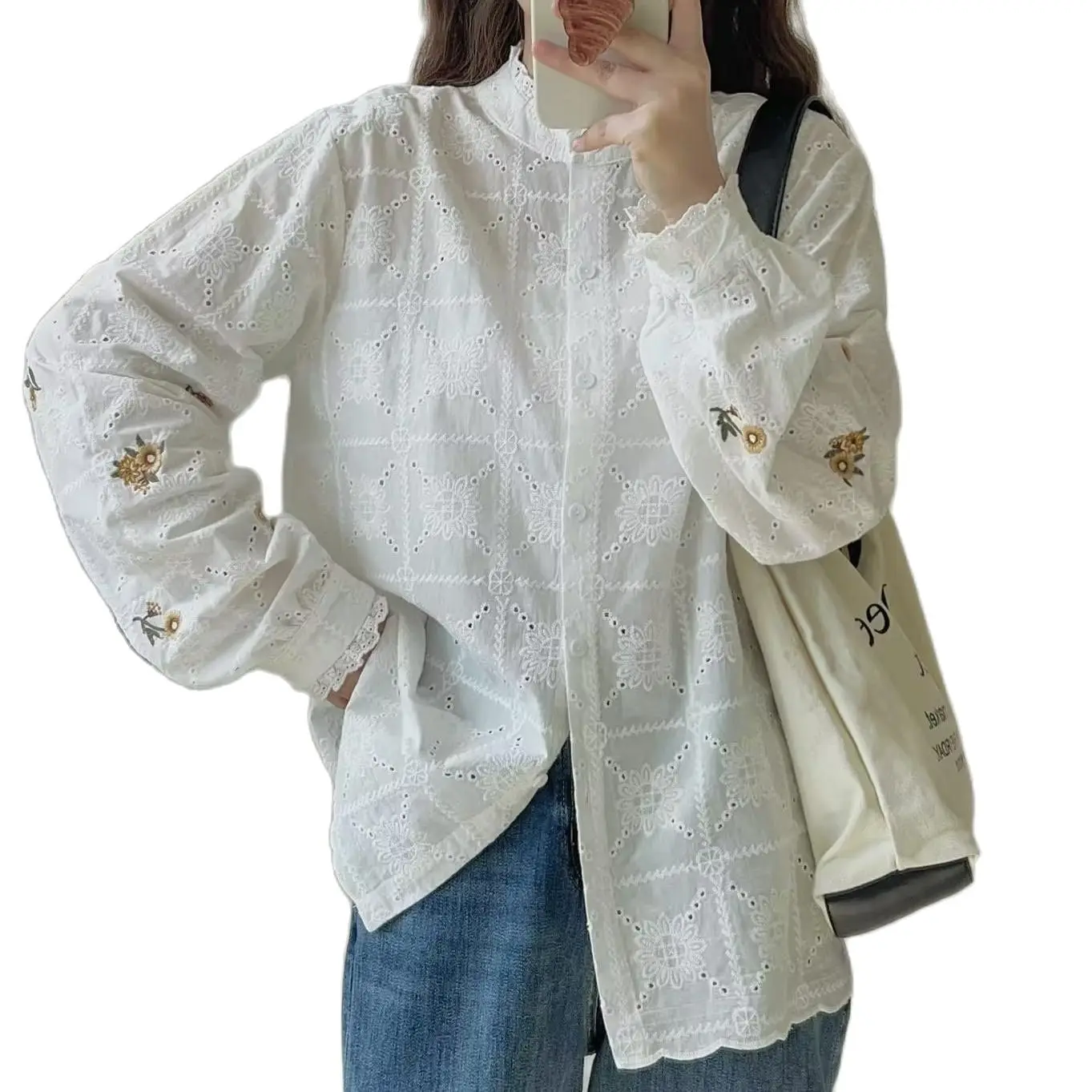 New Spring Autumn Cotton White Shirts Women Round Collar Tops Long Sleeve Lace Embroidery Loose Casual Long Blouses T37961JC