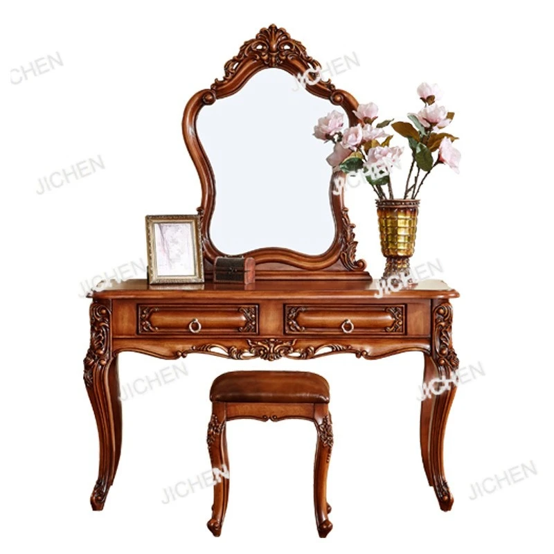 

European solid wood dresser American carved makeup table mirror luxury simple bedroom dressing cabinet luxury
