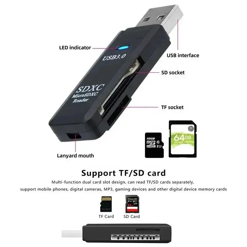 Многофункциональное высокоскоростное устройство чтения карт USB 3.0/2.0 2-в-1 поддерживает компьютер TF+SD, планшетную камеру, ноутбук, автомобильное крепление