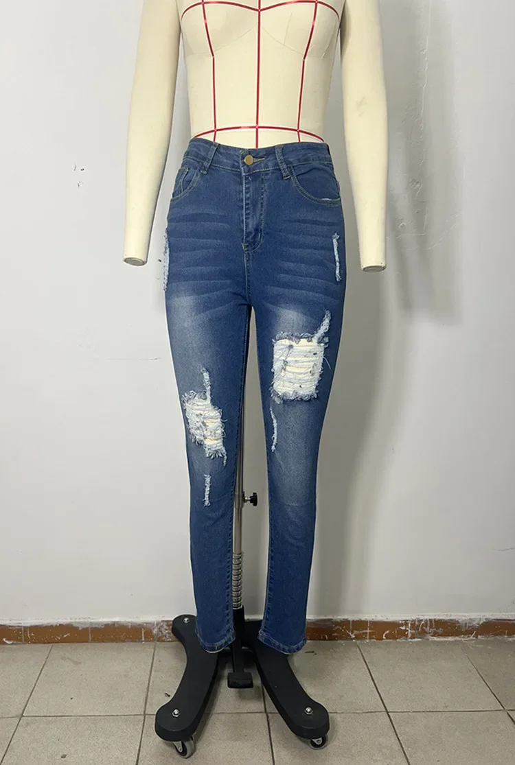 Femmes jean trou Denim crayon pantalon déchiré en détresse lavé Stretch taille haute droite cheville longueur pantalon 2025 Streetwear
