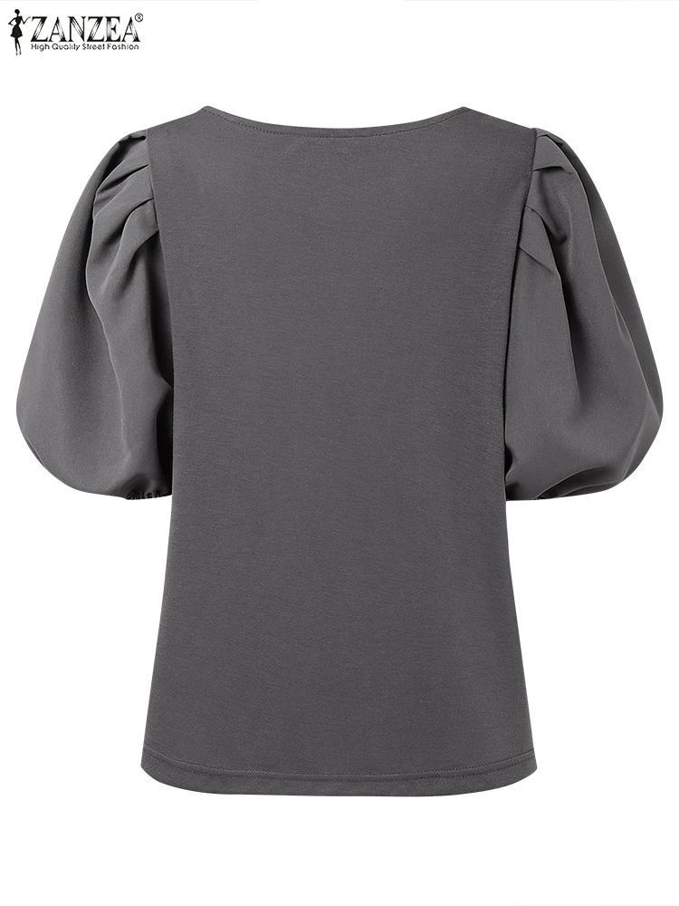 ZANZEA Fashion Summer Blouses Women Elegant Short Puff Sleeve Work OL Shirt Casual Solid O Neck Tunic Tops Stylish Party Blusas