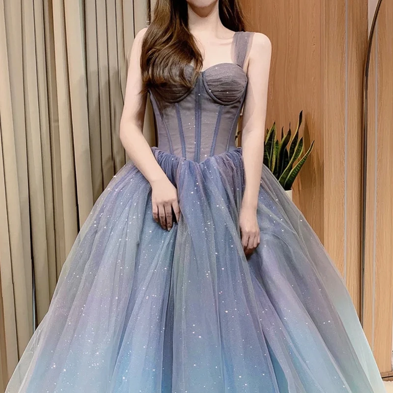 

Синий звездный вечерний платье, роскошный коврик, художественный экзаменный мяч, элегантный ремень, женское длинное платье маленького размера в Корейском стиле