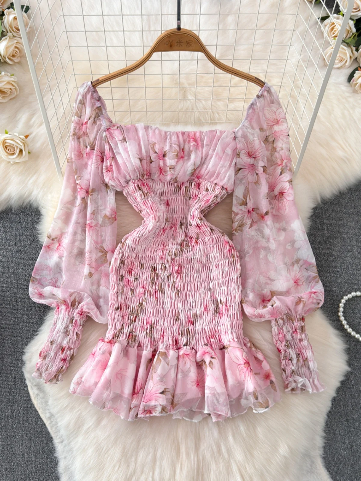 Early Autumn Floral Print Chiffon Dr Long Sve Vintage Sweet Lace Hem Fi Tail Skirt Wrap ort Skirt Korean Sle Commute