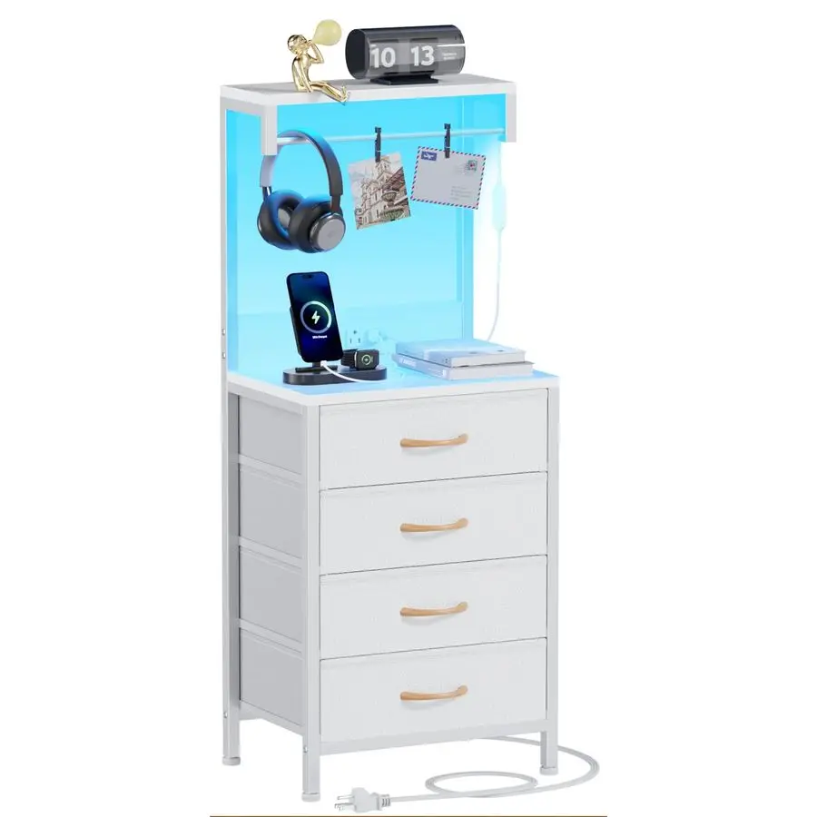 

Белая тумбочка, прикроватная тумбочка высотой 38 дюймов с зарядной станцией и светодиодной подсветкой, прикроватная тумбочка для спальни, офиса, прихожей, 4