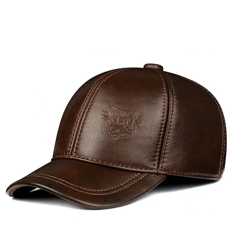 

New Spring/Winter Man Genuine Leather Baseball Caps Male Casual Cowhide Belt Ear Warm 56-60 Adjustable Sprot Flight Hats