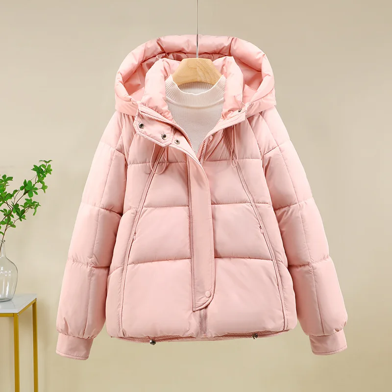 Women Solid Parkas Coats Short Jackets Drawstring Hooded Zipper Pocket Long Sleeves Thick Loose Office Lady Casual 2025 Winter