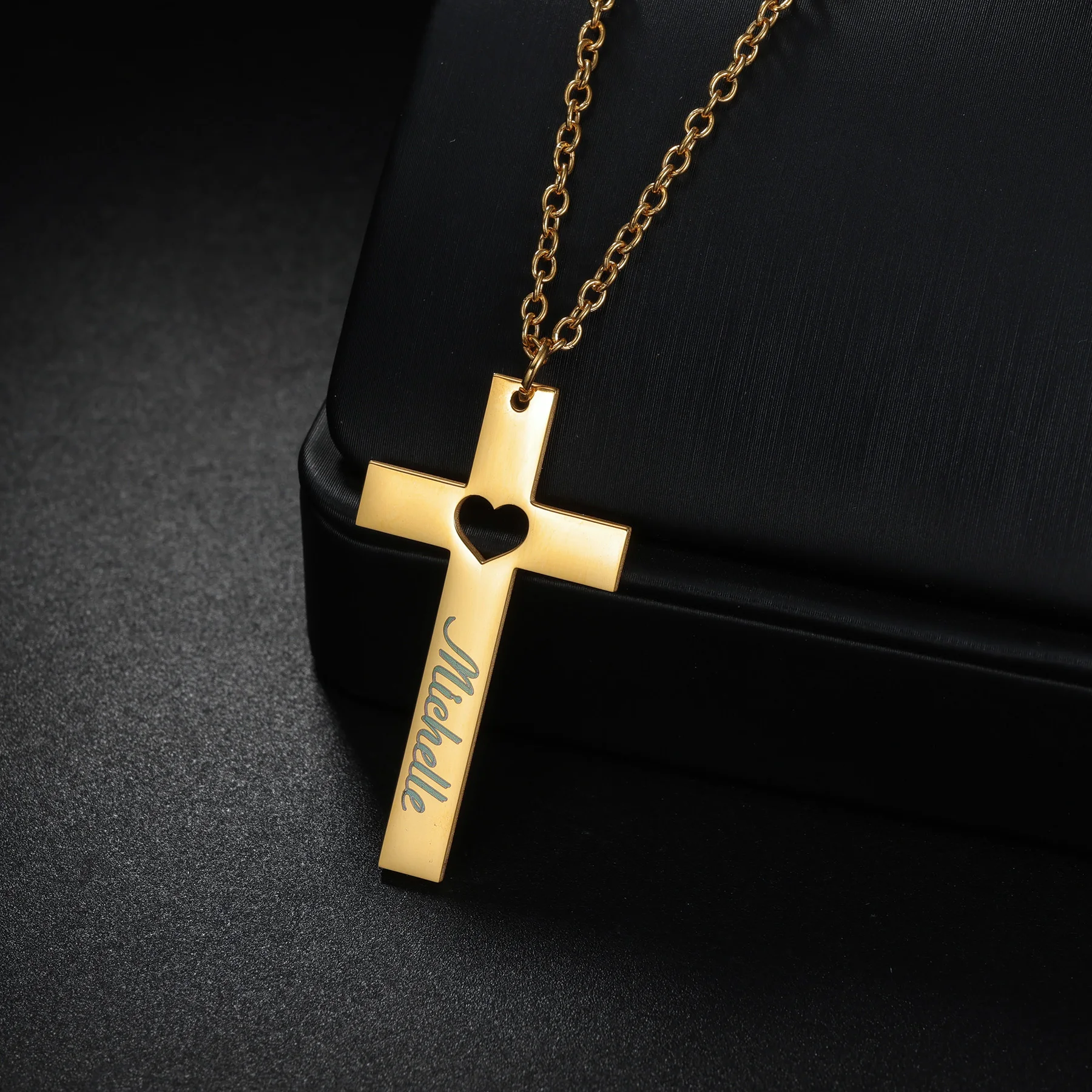 Customized Engrave Colorful Eye Photo Name Necklace for Men Women Stainless Steel Cross Pendant Necklace Christmas Jewelry Gift