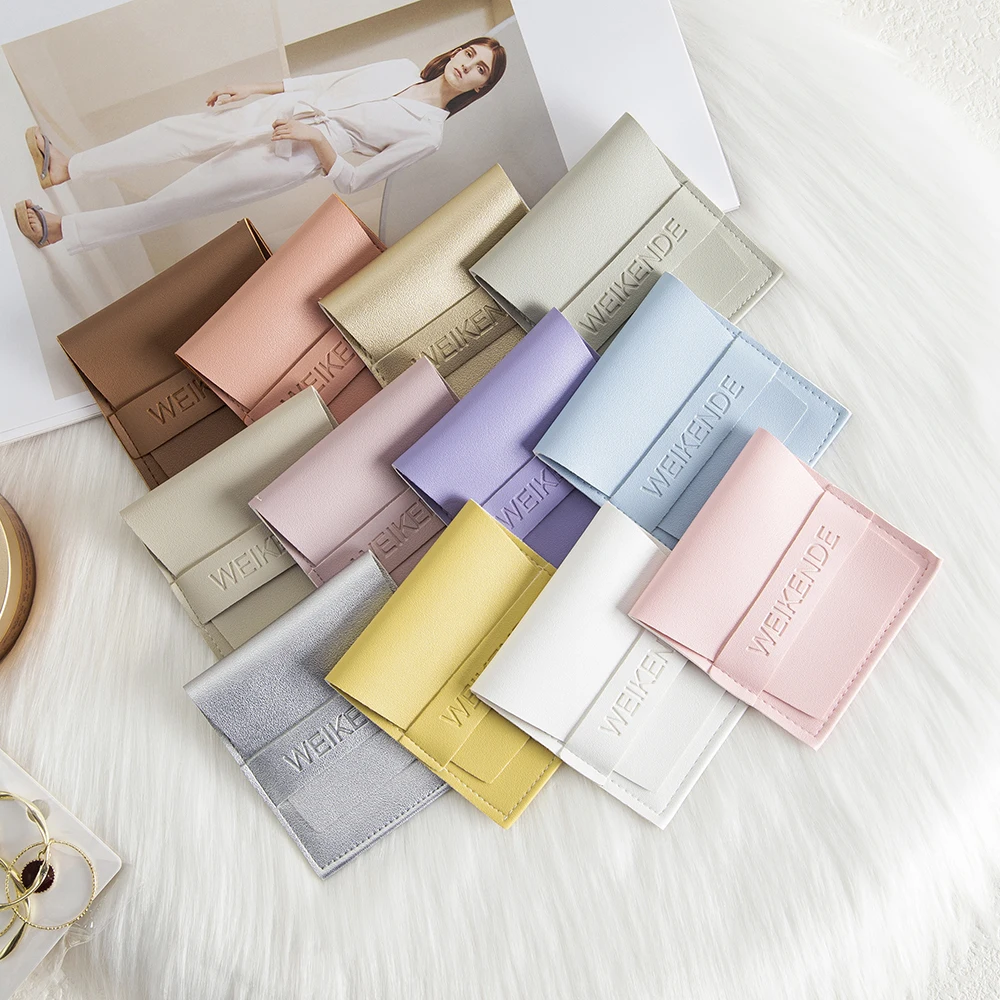 

100pcs Personalized Logo Jewelry Strip Bag 9x9cm Small PU Leather Jewellery Envelope Pouch For Ring Earrings Bracelet Pendant