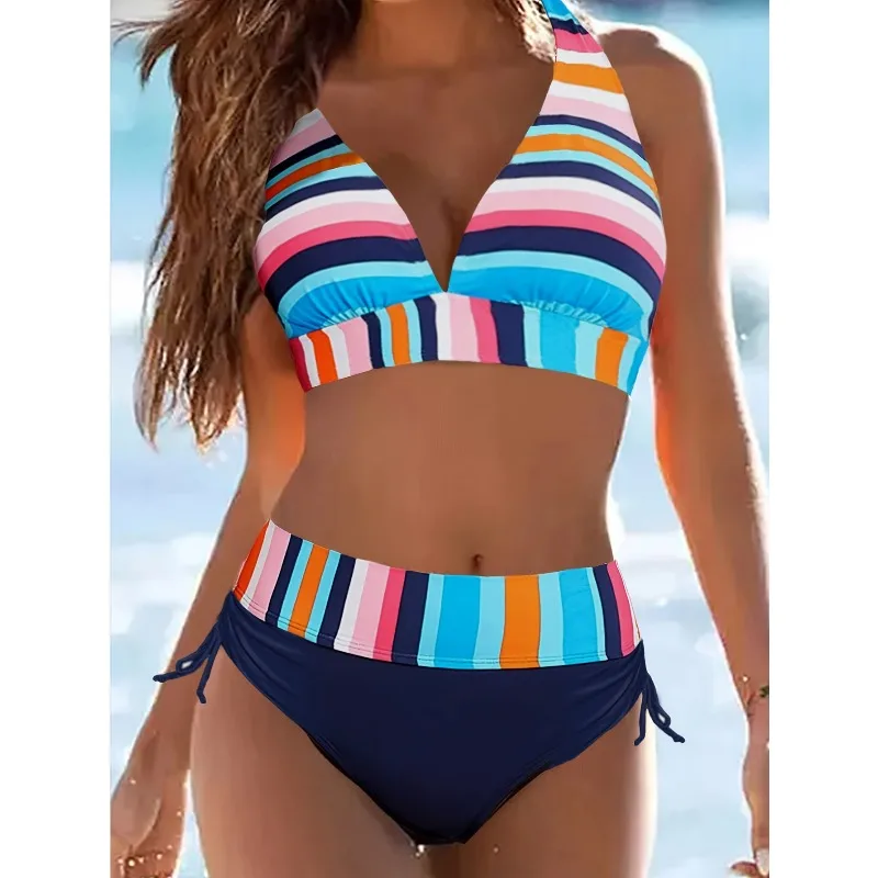 

Летний комплект бикини с полосатым принтом, пляжный купальник для женщин, двухсоставный