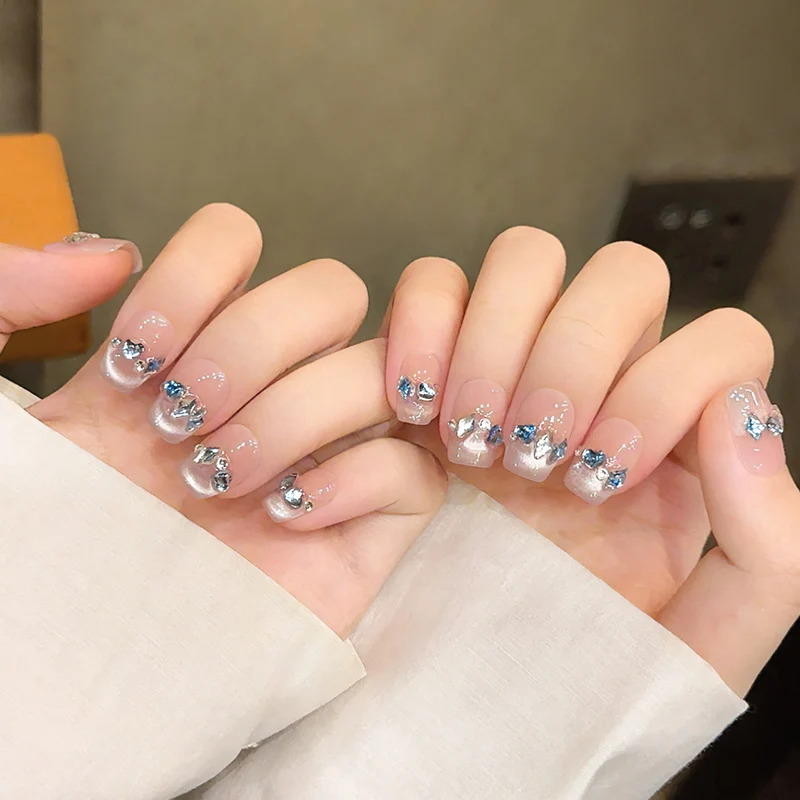 10Pcs Blue White Rhinestone False Nails Short Square Nude Cat Eye Fress on Nails Full Cover Fake Nail Tips Girls Daily Decor