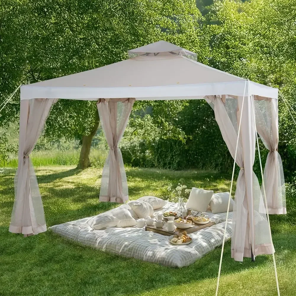 2-Tier Outdoor Patio Steel Gazebo with Beige & White Mesh Netting