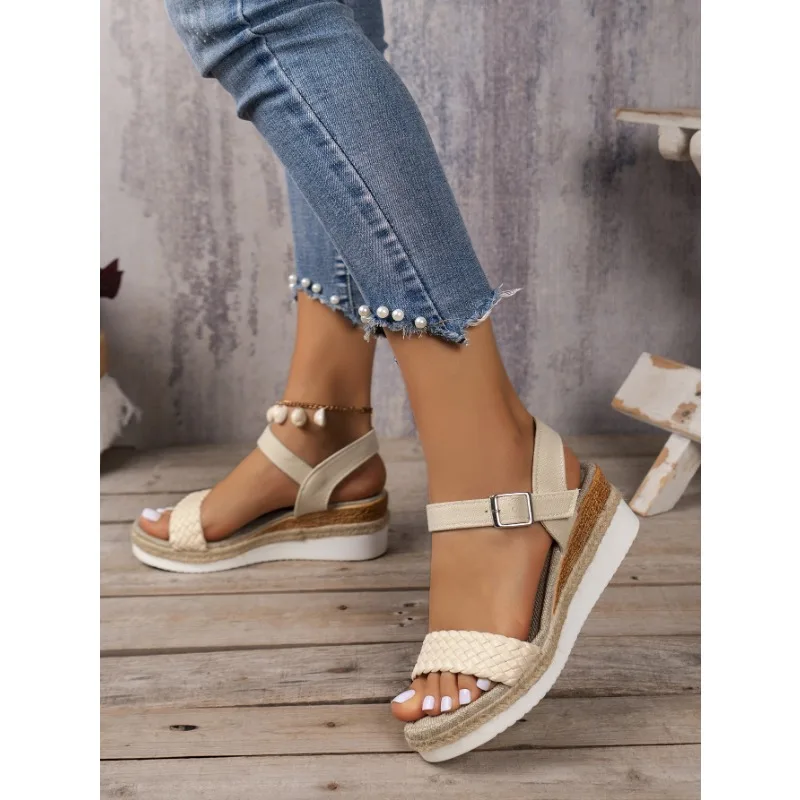 New Summer Women Shoes 2024  Solid Color Women\'s Casual Wedge Sandals Open Toe Buckle Women\'s Summer Beach Sandals Mujer