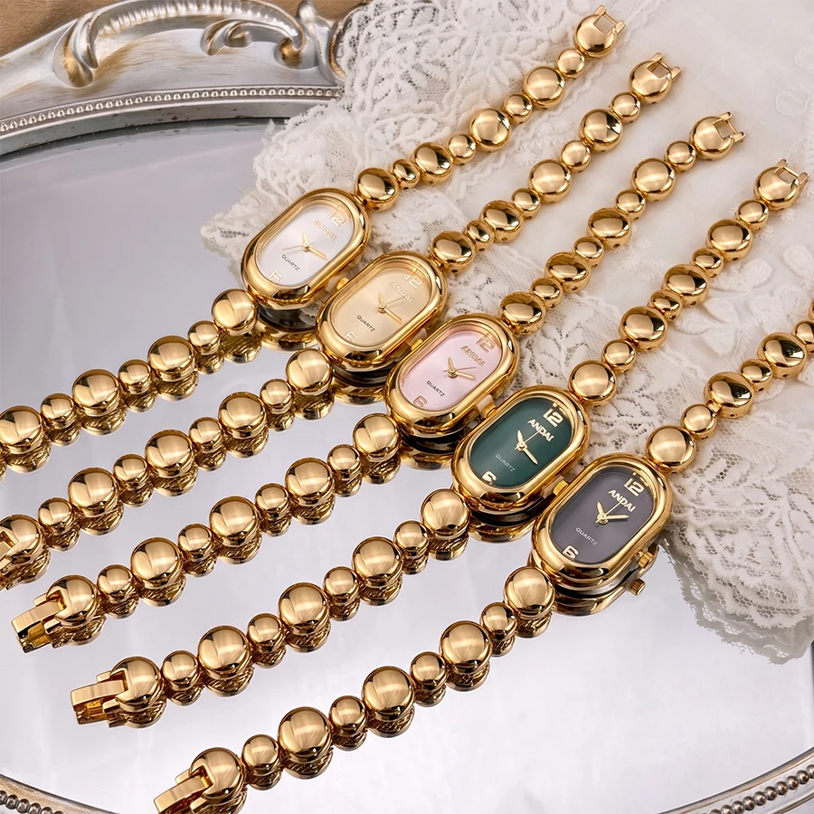 Vintage Watch for Ladies: Oval Raceway Dial Alternating Gold Bead Strap Simple Retro Women's Wrist Watch