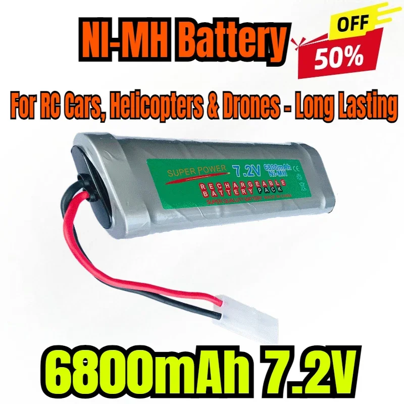 

6800mAh 7.2V NiMh Battery with Tamiya Connector - High Capacity for RC Cars, Helicopters & Drones - Long Lasting