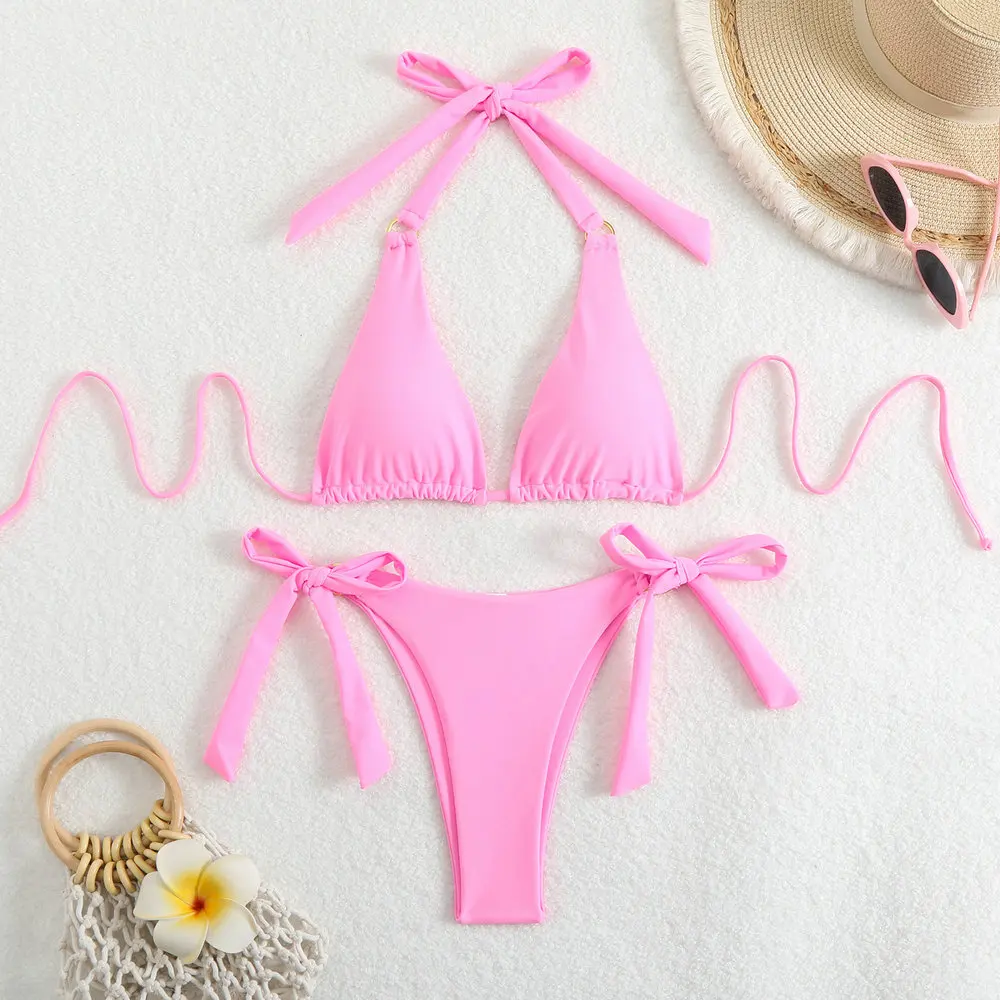 2025 Sexy Two-piece Women's Solid Swimsuit Tight Push-up Swimwear Summer Backless Bikini Brazilian Beach Mini Thong Bathing Suit