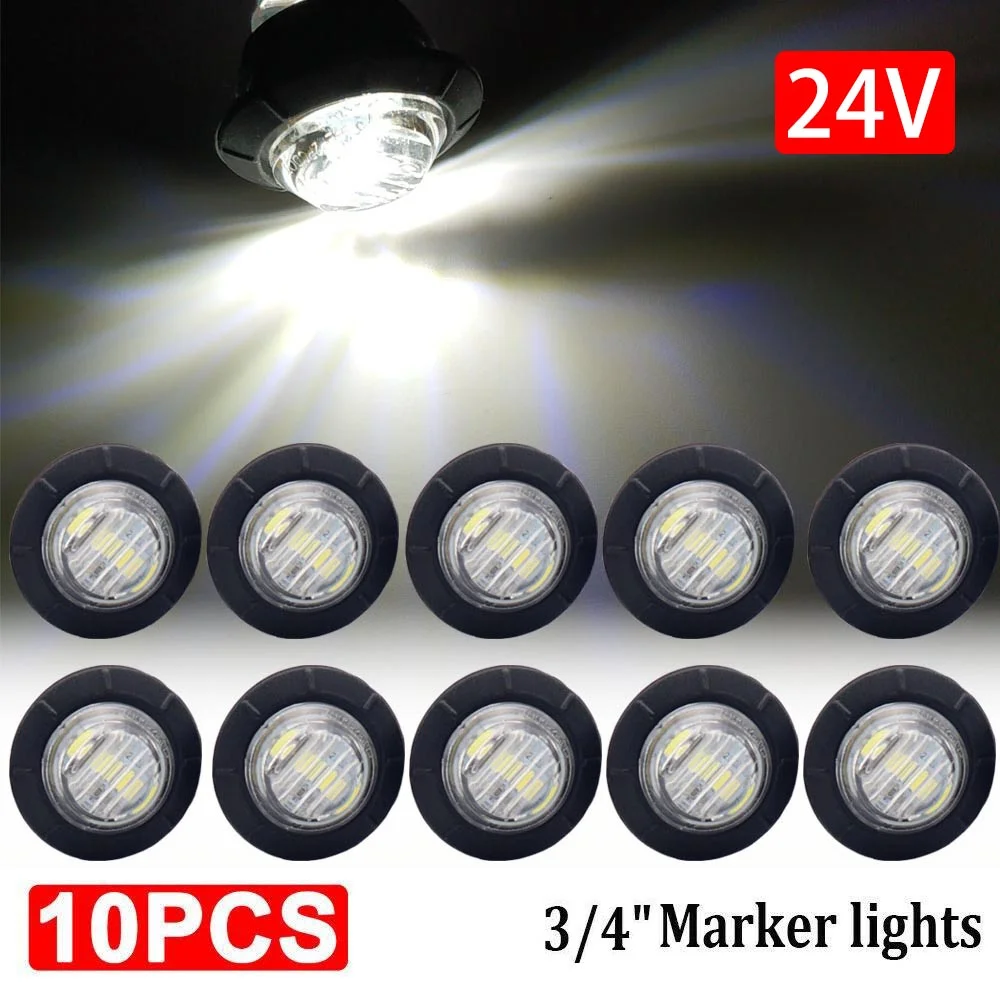 

10pcs 24V Waterproof 3LED 3/4" Trailer Side Marker Lights Front Rear Trucks Bus Tractors Clearance Lights Lamp White Round