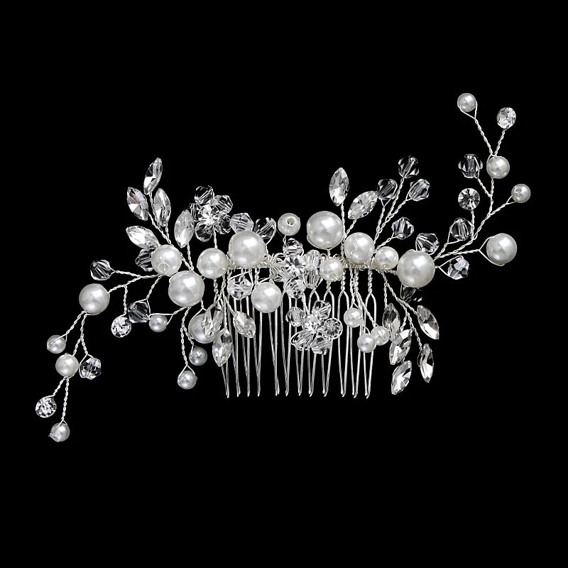 Neuer Haarkamm aus Silberlegierung, handgefertigte Perlen, Strasssteine, modischer Metall-Kopfschmuck, elegantes Haarschmuck-Accessoire für Frauen – Detail 24
