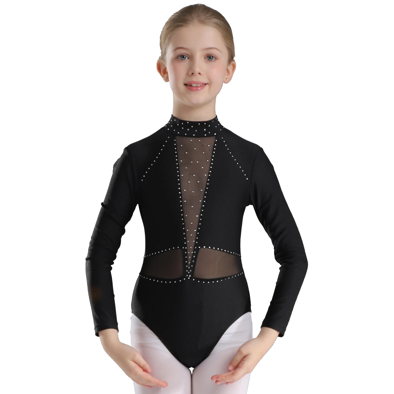 Kids Girls Long Sleeve Bodysuit Gymnastics Jumpsuit Figure Skating Costume Children Sheer Mesh Splice Tutu Ballet Dance Leotard