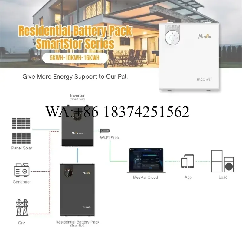 Wmwmnu 5kWh 10kWh 51.2V 100Ah Wall Mounted LiFePO4 All In One Battery Pack Solar Storage System Hybrid Grid CAN Communication