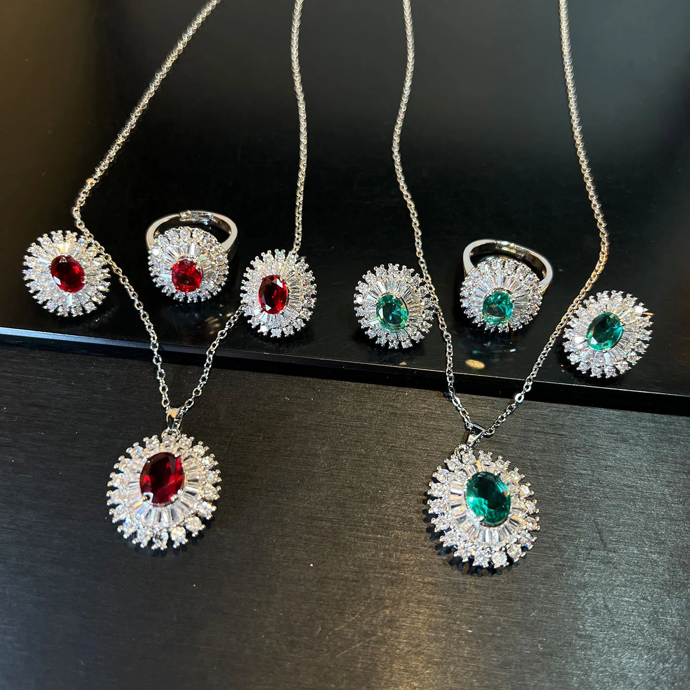 3pcs Set Oval Cut Pendant Necklace Earrings Ring Set Sunburst Halo CZ Jewelry for Party Office Everyday Wear Women Gift
