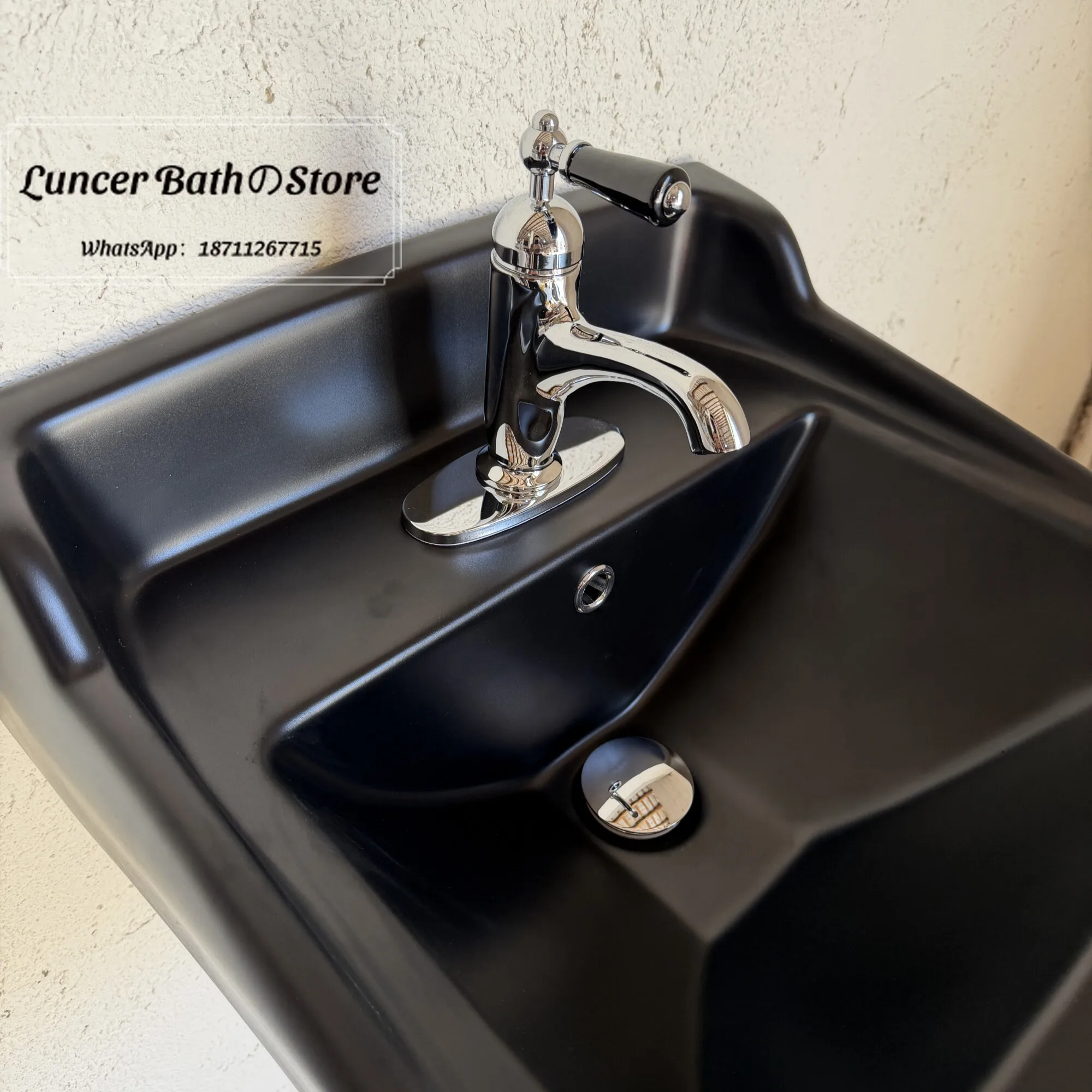 American High Back Matte Black Wall Mount Sink, Industrial Floating Ceramic Basin