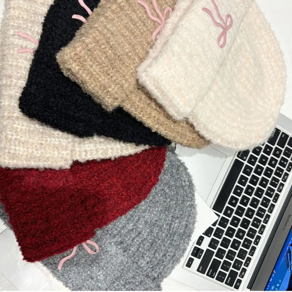 Cute Solid Color Bow Knitted Hat Warm Cap Korean Crochet Basin Cap Jennie Style Wool Hat Knit Beanie Warm