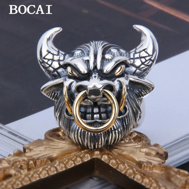 

BOCAI NEW S925 Sterling Silver Retro Domineering Set With Brass Buckle Bull Demon King, Bull Head Ring Men's Gift