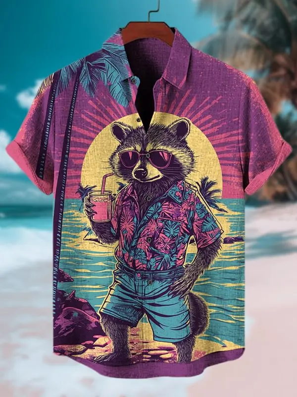 

Мужские рубашки с забавным 3D-принтом енота, модные повседневные гавайские рубашки, стильные топы с коротким рукавом на пуговицах для вечеринок и отпуска