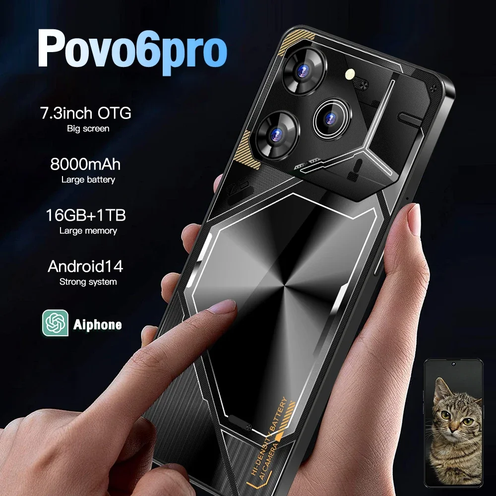 Original For Brand Smartphone 7.3 inch New Povo6 pro Full Screen 4G 5G Cell Phone 8000mAh Mobile Phones Global Version