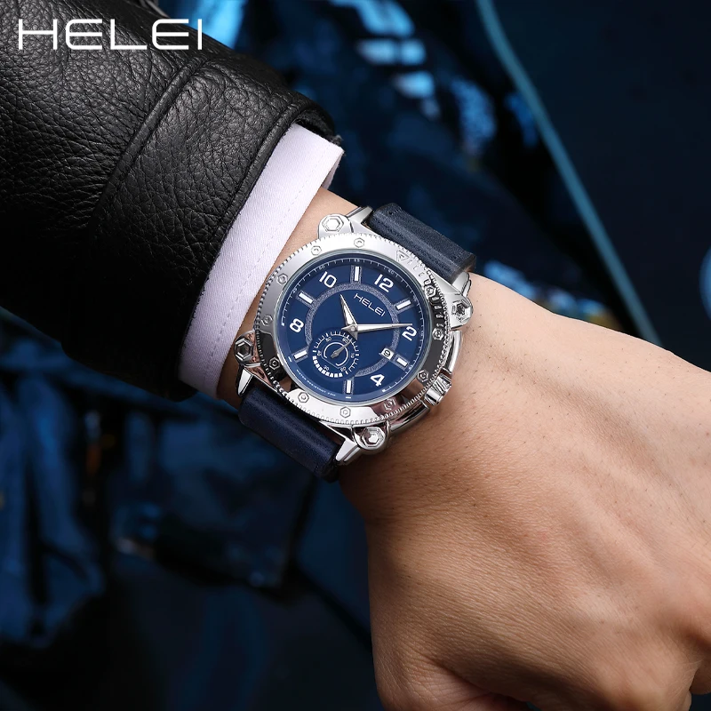 ساعة يد كوارتز كاجوال رياضية جديدة من HELEI بحزام جلدي للرجال
